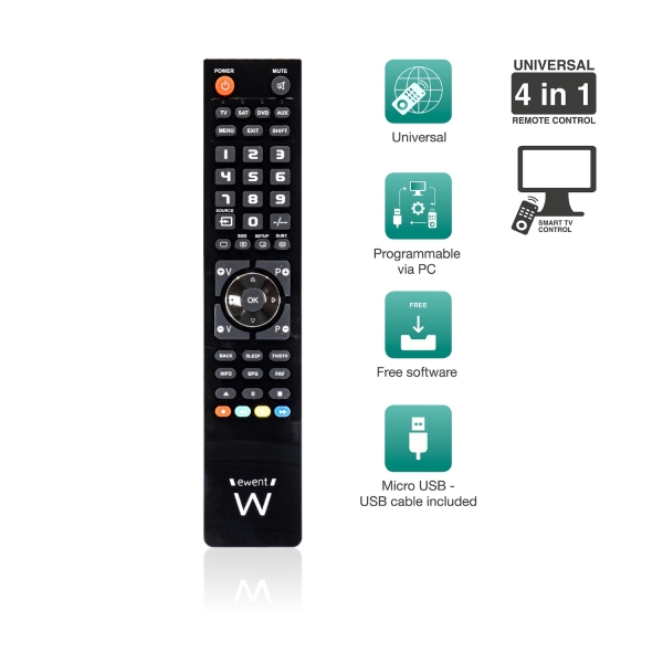 [EW1570] Ewent Control Remoto 4 en 1 Universal - Programable con Cable Micro USB y PC - Color Negro