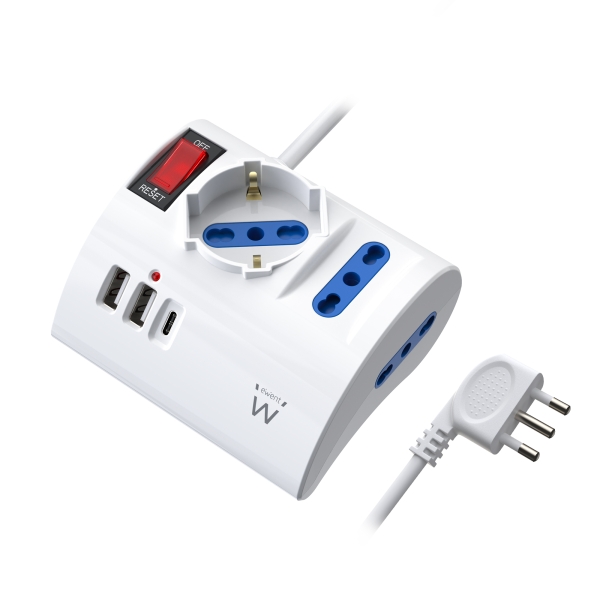 Ewent Regleta con 6 Tomas de Sobremesa - 2 Tomas L + 1 Toma L/F (Schuko) - 2x USB-A - 1x USB-C - Enc