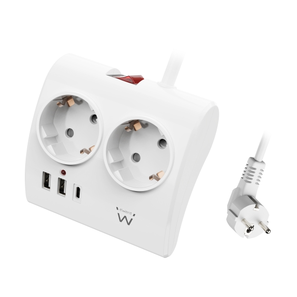Ewent Regleta de 5 Tomas de Sobremesa - 2x Schuko 16A - 2x USB-A - 1x USB-C - Interruptor On/Off - C