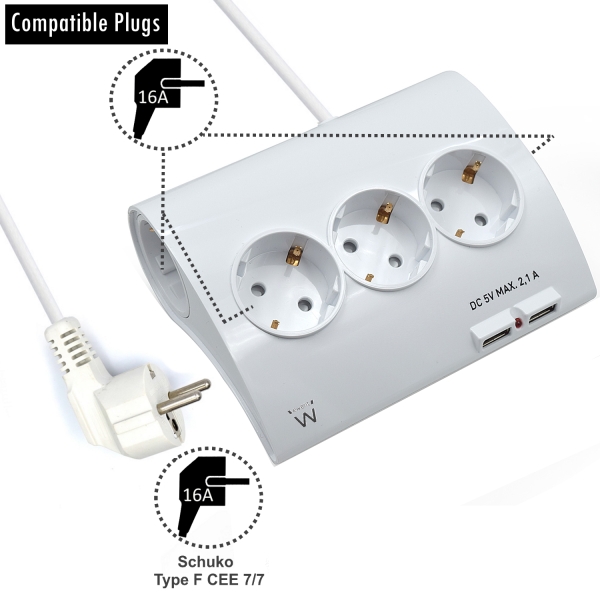 [EW3935] Ewent Regleta de Energia - 5 enchufes - Version Schuko - 16A -  2 Puertos USB - Cable de 1.5m - Colo