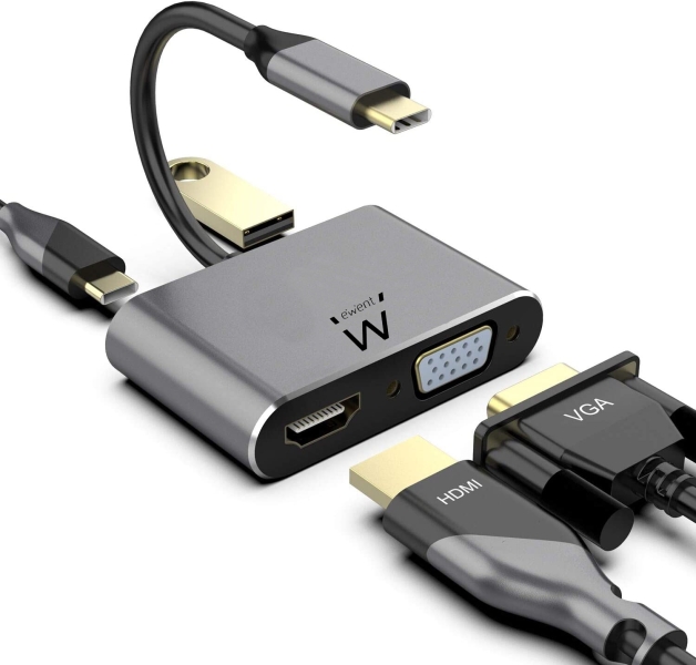 [EW9700] Ewent Hub 4 en 1 - HDMI - VGA - USB 3.2 Gen1 - USB-C PD 60W - Color Aluminio