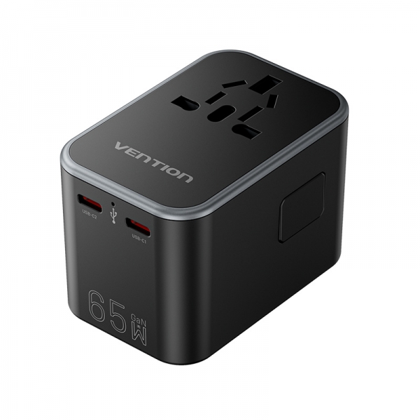 [FJDB0] Vention Adaptador de Viaje Universal GaN 65W - 3 Puertos USB (C+C+A 65W/65W/30W) - Color Negro