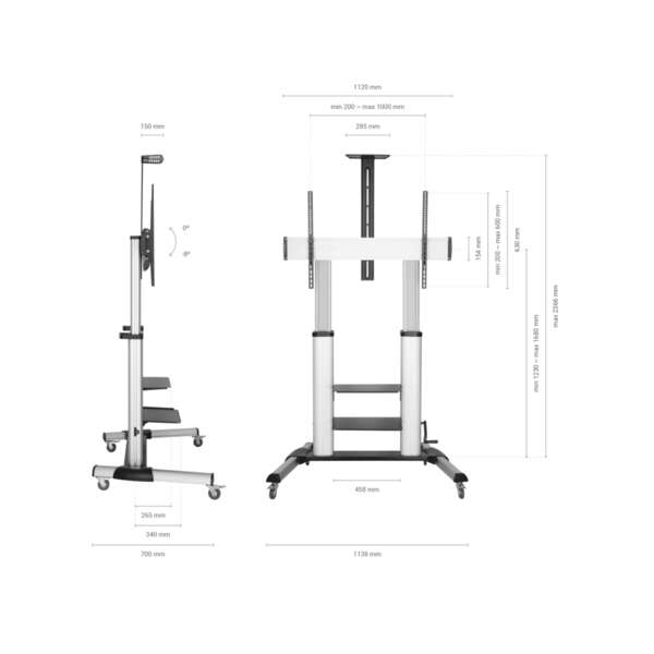 Aisens Soporte de Suelo PRO con Ruedas y Manivela - Bandeja para DVD y Soporte de Camara para Monito