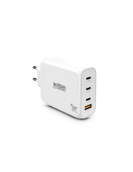 Urban Factory Powee Cargador USB-C GaN de 100W - 3 Puertos USB-C de 65W + 1 Puerto USB-A de 18W - Ca