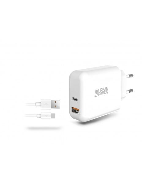 Urban Factory Powee Cargador de Pared USB-C de 45W y USB-A de 18W - Cable USB-A a USB-C de 1m - Colo