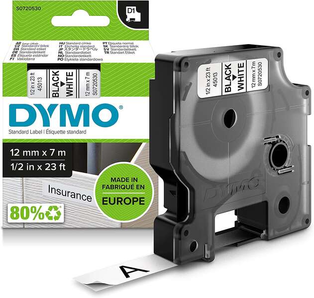 Dymo D1 45013 Cinta de Etiquetas Original para Rotuladora - Texto negro sobre fondo blanco - Ancho 1