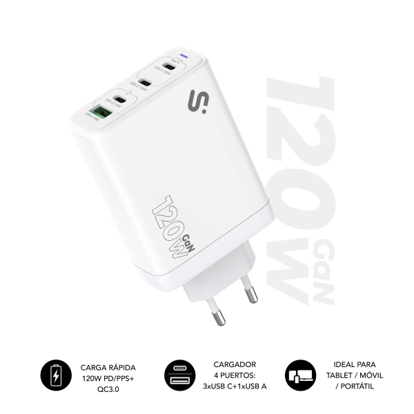 Subblim Cargador de Pared GaN 120W - 4 Puertos (3xUSB-C + 1xUSB-A) -  Carga ultra rápida - Color Bla