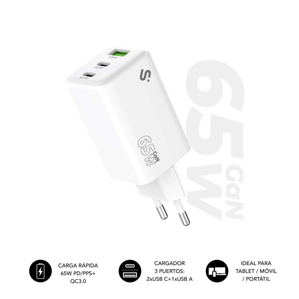 Subblim Cargador de Pared GaN 65W - 3 Puertos (2xUSB-C + 1xUSB-A) -  Carga ultra rápida - Color Blan