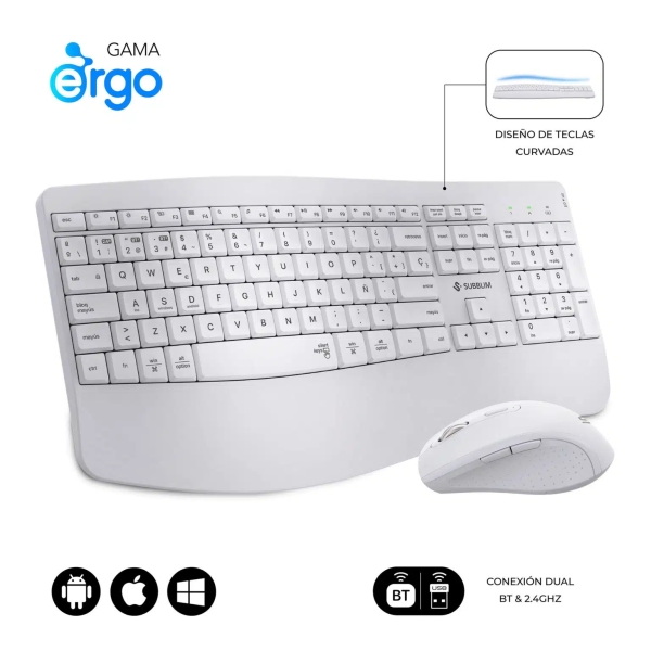 Subblim Dual Office Prowave White Pack de Teclado Ergonomico + Raton 3200dpi Inalambricos Bluetooth