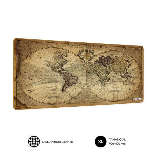[SUBMP-01PUW03] Subblim Alfombrilla de Escritorio Mapa Del Mundo Vintage - Tamaño 900x400x3mm - Espacio para Raton y