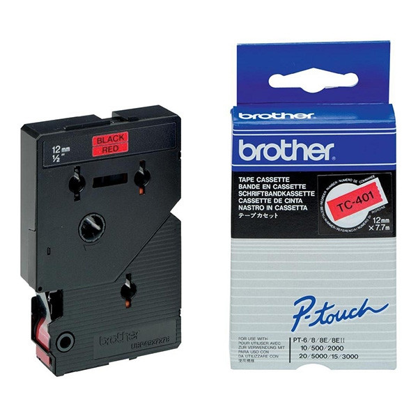 Brother TC401 Cinta Laminada Original para Rotuladora - Texto Negro sobre Fondo Rojo - Ancho 12mm x