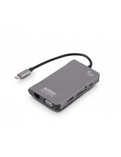 Urban Factory Hubee Plus HUB 10 en 1 - USB-C Macho - Hembra: USB-C/USB-A/HDMI/SD/MSD/JACK 3.5mm/RJ45