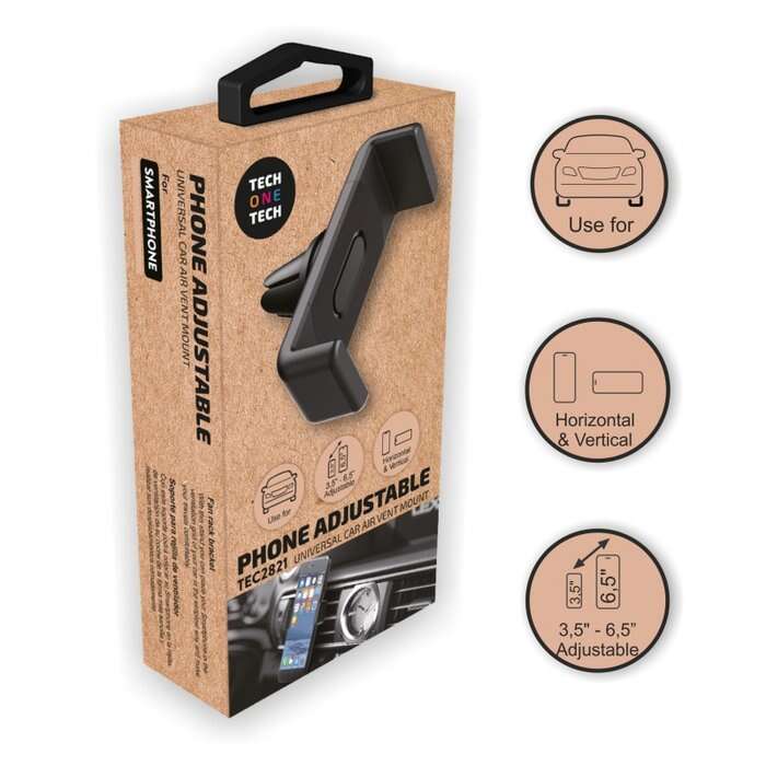 TechOneTech Soporte de Coche para Smartphones de 3.5" hasta 6.5" - Mecanismo de Pinza - Posicion Hor