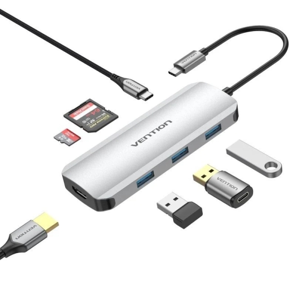 [TOJHB] Vention Docking Station 7 en 1 USB-C a HDMI 4K/3xUSB3.0/SD/TF/PD100W - 0.15m - Color Gris