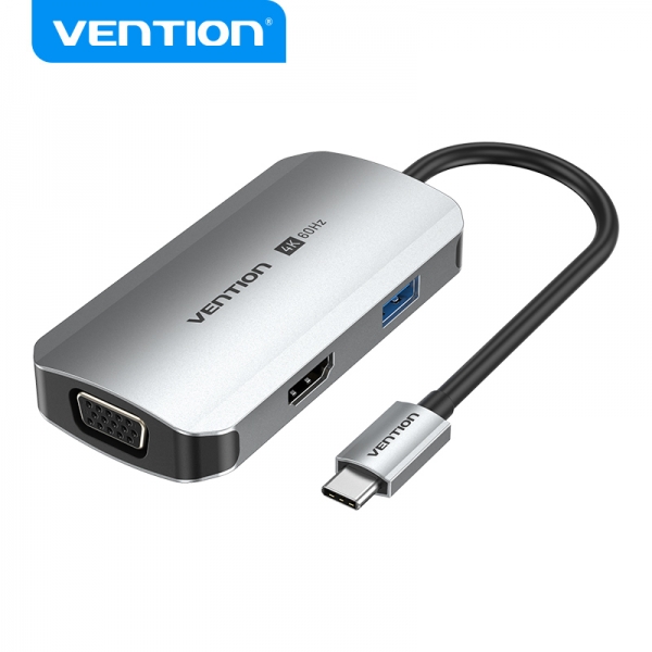 [TQAHB] Vention Docking Station 4 en 1 USB-C a HDMI 4K/VGA/USB 3.0/PD - 0.15m - Aluminio Gris