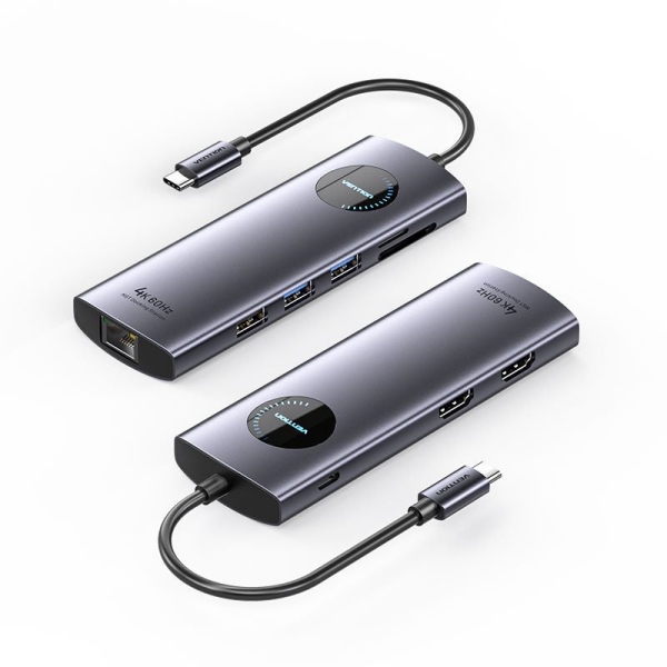 [TQVHB] Vention Docking Station 9 en 1 USB-C a 2xHDMI/2xUSB3.0/USB 2.0/RJ45/SD/TF/PD 100W - 0.15m - Color Gr