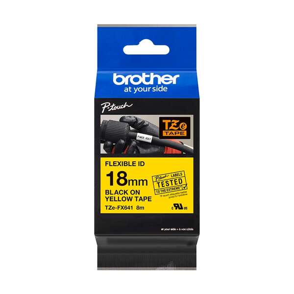 Brother TZeFX641 Cinta Laminada Flexible Original de Etiquetas - Texto negro sobre fondo amarillo -