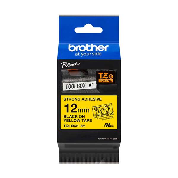 Brother TZeS631 Cinta Laminada Super Adhesiva Original de Etiquetas - Texto negro sobre fondo amaril