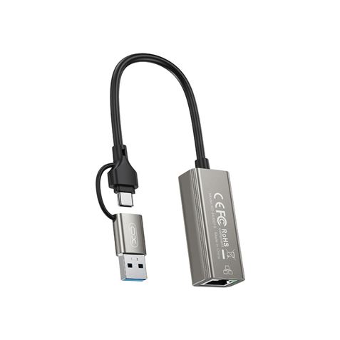 [XOHUB018] XO HUB018 Adaptador de Red RJ45 a USB 3.0 y USB-C - Color Plata