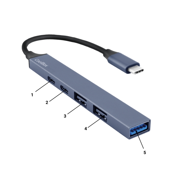 CoolBox 5 en 1 Hub miniDOCK5 USB-C - 1x USB-C PD2.0, 1x USB-C, 1x USB-A 3.2 Gen1, 2x USB-A 2.0 - Col