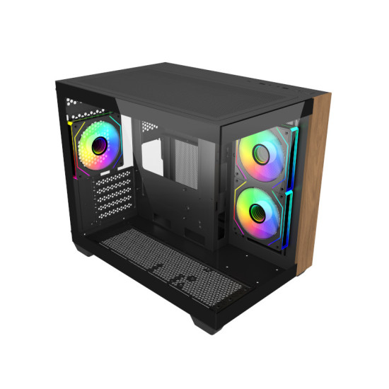 Cooler Master Elite 481 Wood Caja Minitorre - 3 Ventiladores 120mm RGB - Vista Panoramica - Soporte