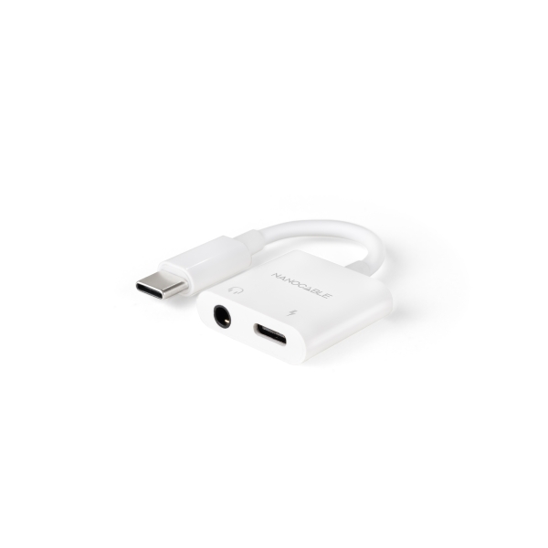 Nanocable Conversor USB-C a Audio 48KHz - USB-C/M-1xJACK 3.5/H + USB-C/H PD 60W - 11.5cm - Color Bla