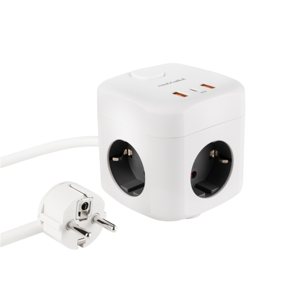 Nanocable Base de 3 Enchufes Schuko + 2x USB-A y 1x USB-C con Interruptor - Tecnologia GaN, PPS y PD