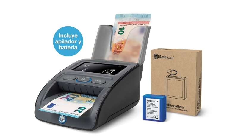 [112-0732] Safescan 155-S Pack de Detector Automatico de Billetes Falsos - Bateria y Apilador Incluidos - Verif