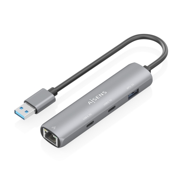 Aisens ASUC-4P036-GR Adaptador de Red USB 3.0 a Ethernet Gigabit + Hub 2xUSB-C y 1xUSB-A 3.0 - 15cm