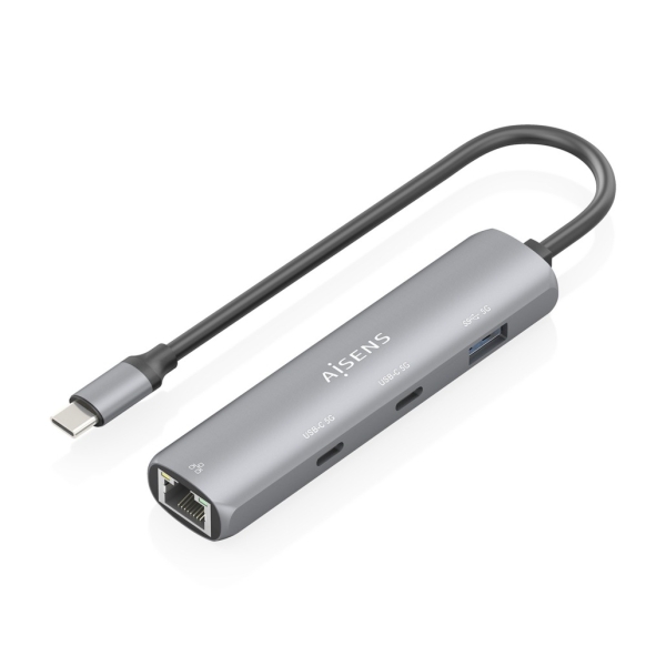 Aisens ASUC-4P040-GR Adaptador de Red USB-C a Ethernet Gigabit + Hub 2xUSB-C y 1xUSB-A 3.0 - 15cm -