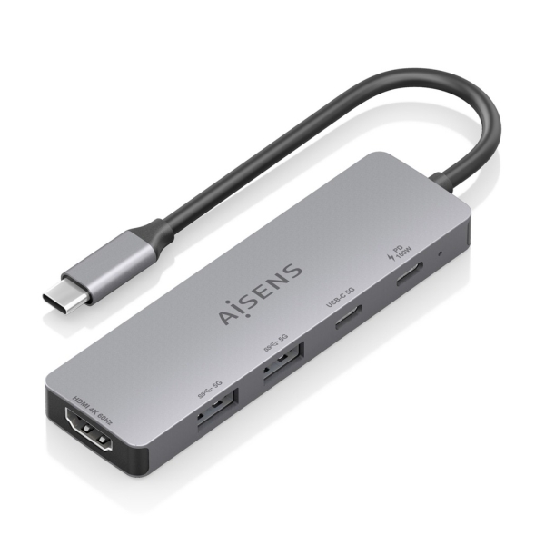 [ASUC-5P028-GR] Aisens USB-C Dock 5 en 1 - USB-C a 1xHDMI - 2xUSB-A - 1xUSB-C - 1xUSB-C PD 100W - 15cm - Color Gris