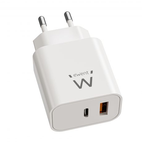 Ewent EW1318 Cargador GAN 20W - USB-C PD y USB-A QC - Carga Rapida - Alta Eficiencia - Diseño Compac