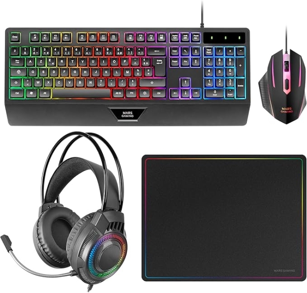 Mars Gaming MCP124PRO Combo Pack Gaming 4en1 - Teclado Hibrido H-Mech - Disposicion Francesa AZERTY