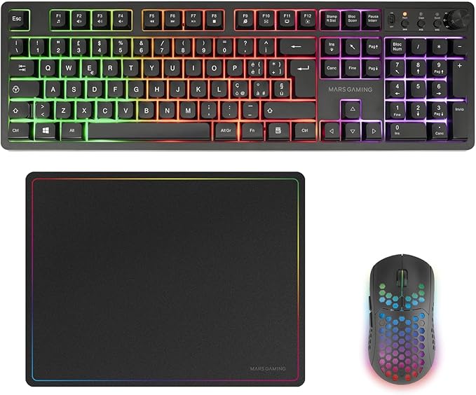 Mars Gaming MCPWX Combo Pack Gaming 3en1 - Teclado Hibrido H-Mech - Disposicion Italiana QWERTY IT -