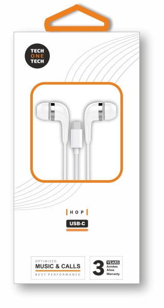 TechOneTech ear Tech Hop Auriculares Intraurales USB-C - Microfono Integrado - Cable de 1.20m - Blan